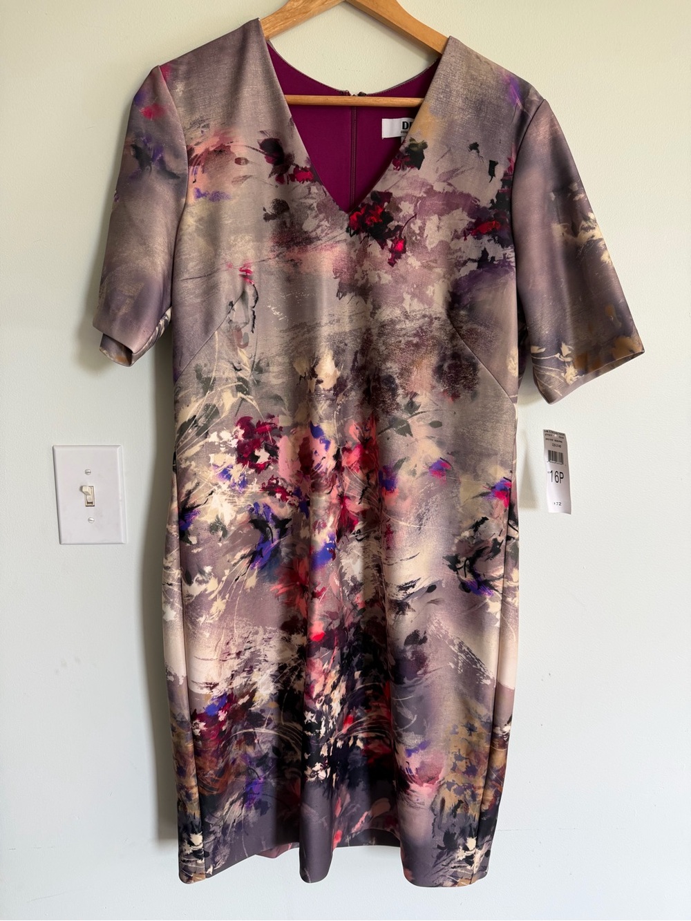DR Collection Elegant Abstract Floral V-Neck Dress in Mauve and Multicolor